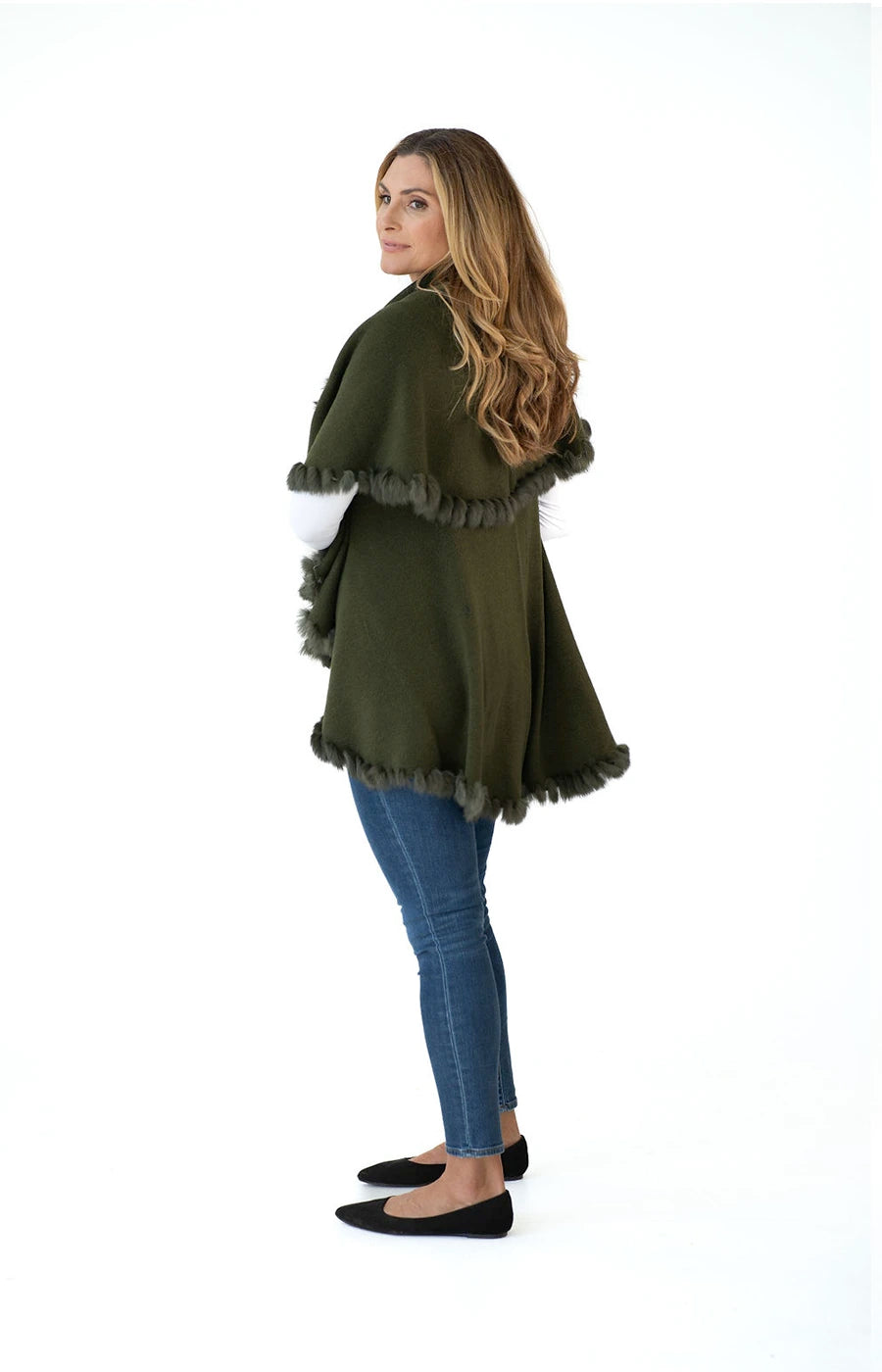 Shawl in Olive Green with Fur Trim