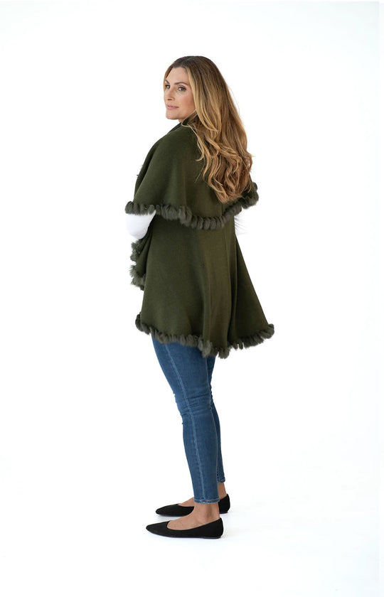 Shawl in Olive Green with Fur Trim