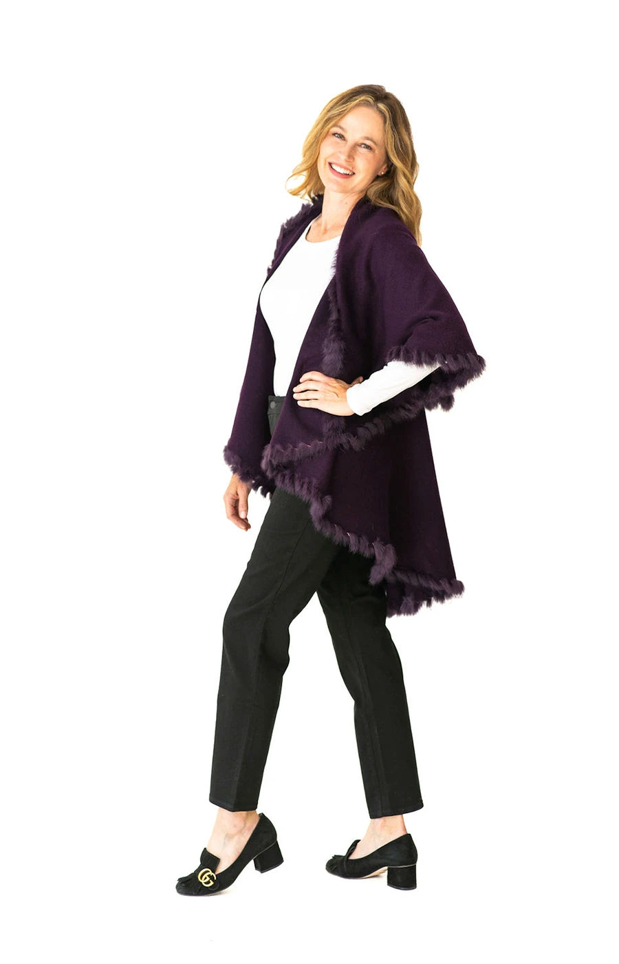 Shawl Sweater Vest in Plum with Fur Trim