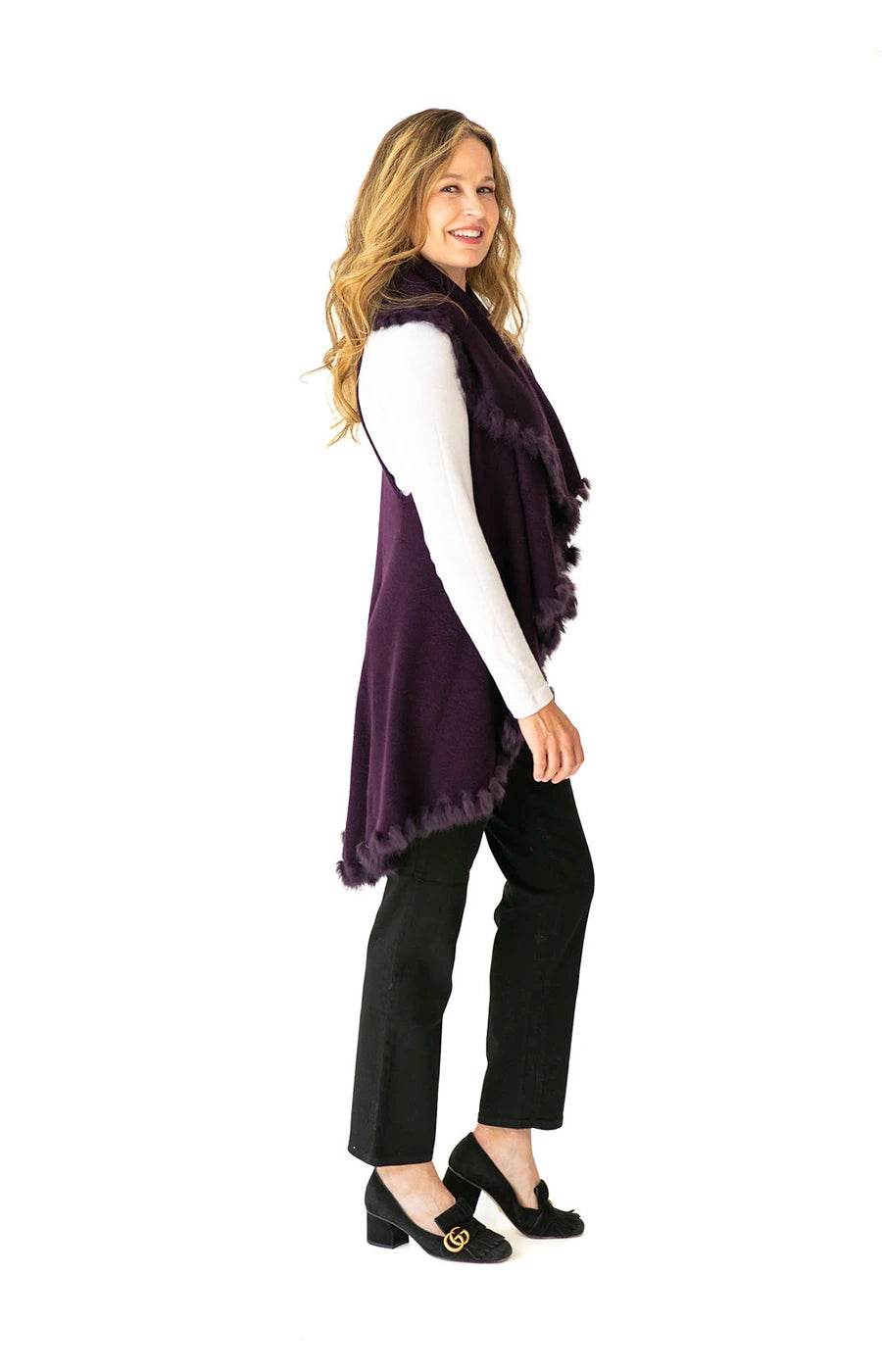 Shawl Sweater Vest in Plum with Fur Trim