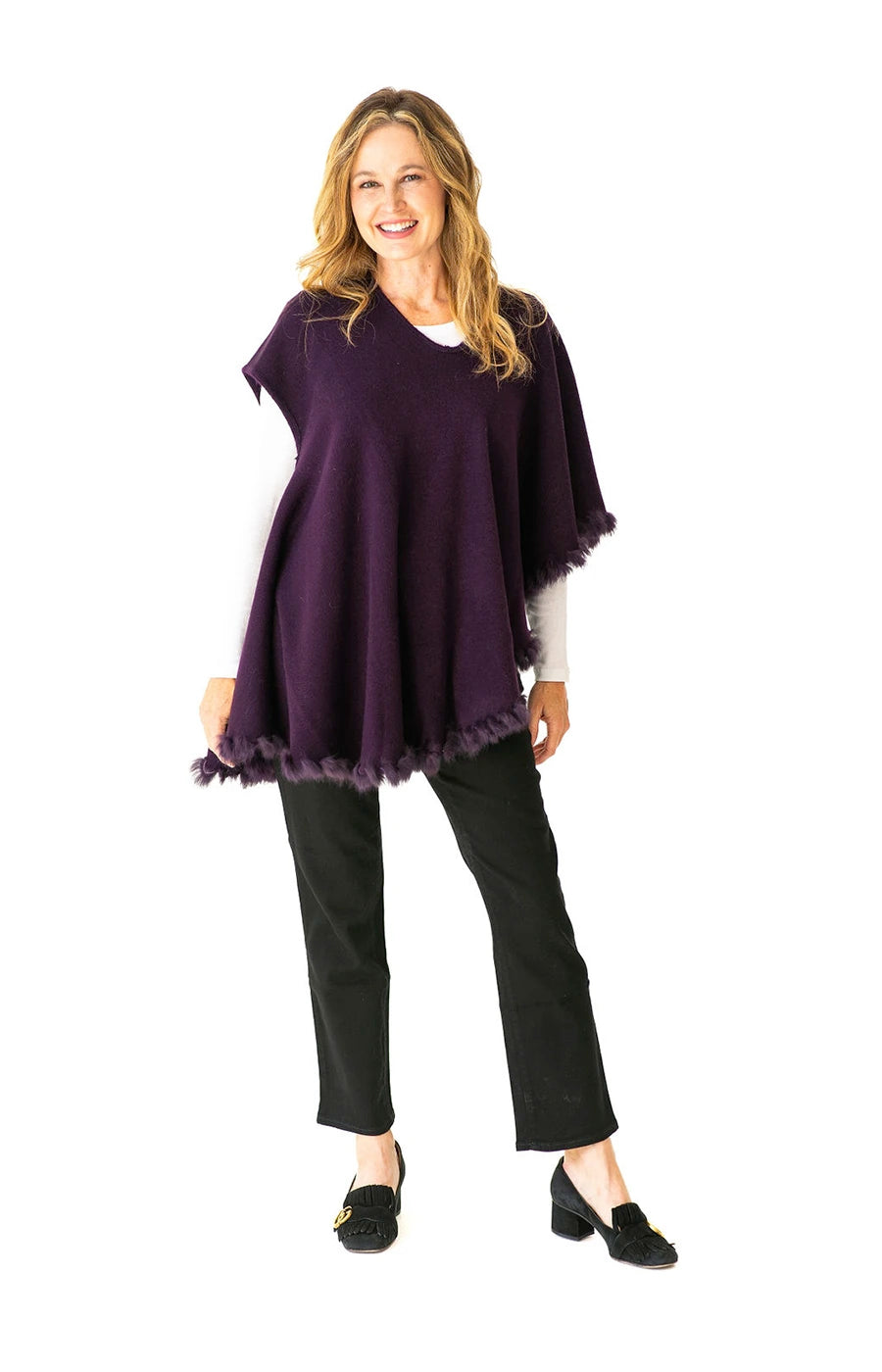 Shawl Sweater Vest in Plum with Fur Trim