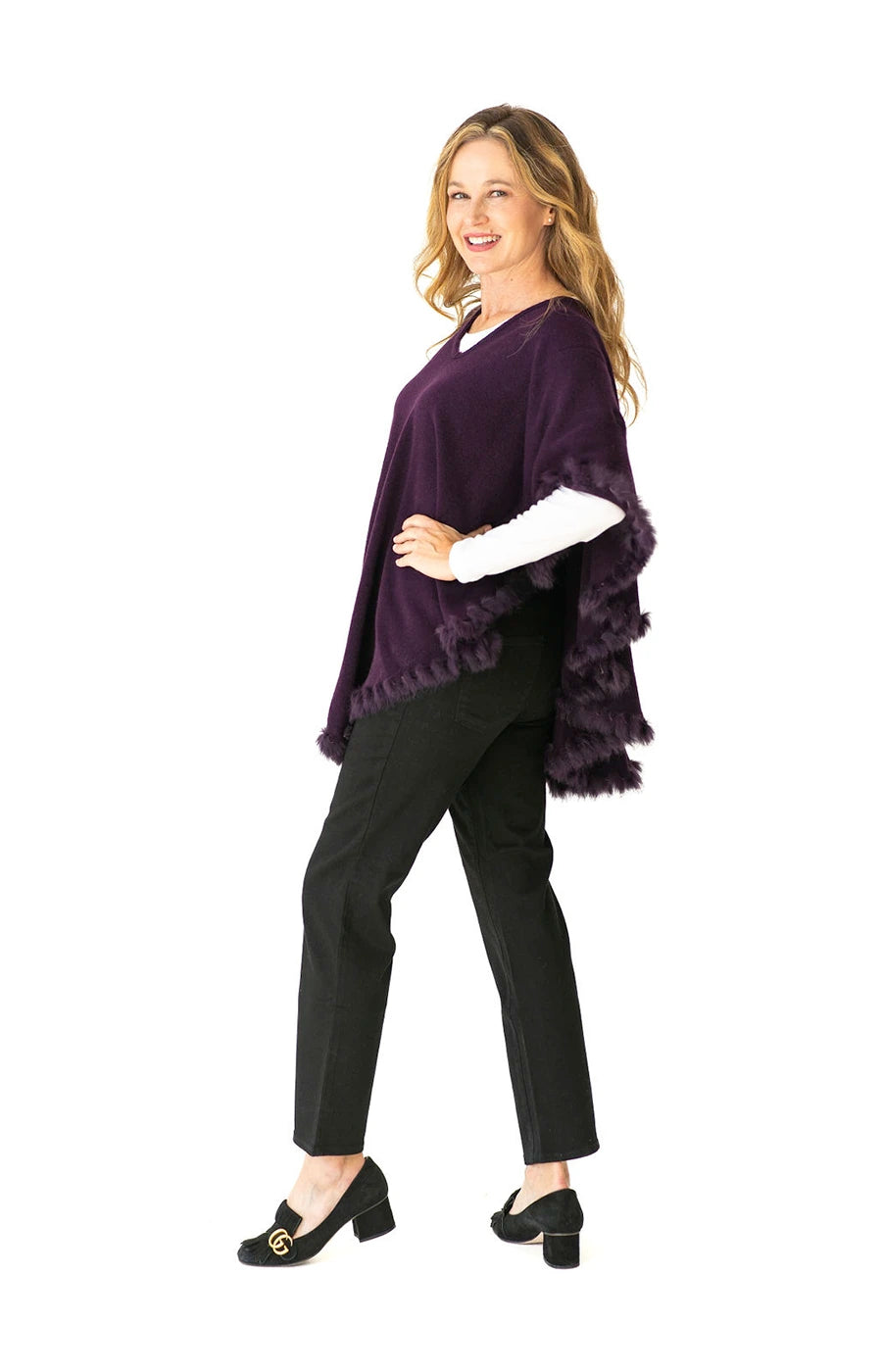 Shawl in Plum with Fur Trim