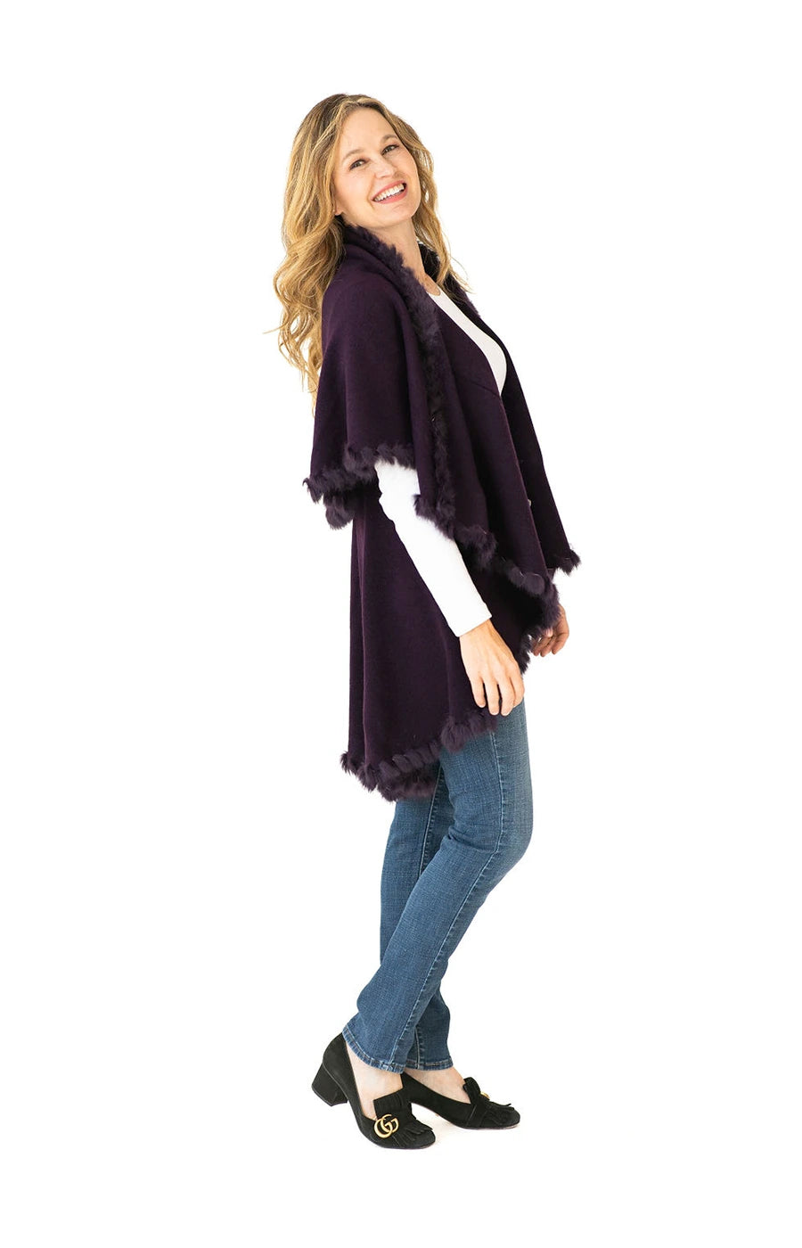 Shawl in Plum with Fur Trim