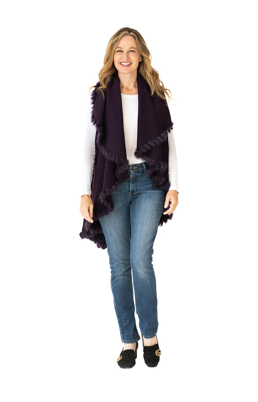 Shawl Sweater Vest in Plum with Fur Trim