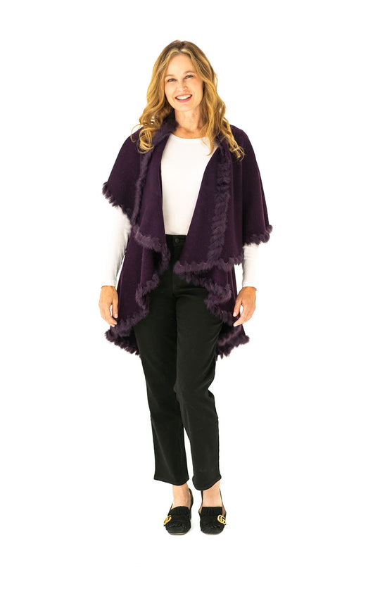 Shawl Sweater Vest in Plum with Fur Trim