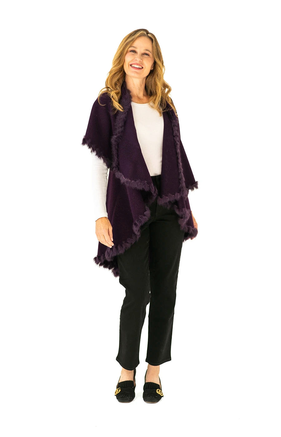 Shawl Sweater Vest in Plum with Fur Trim