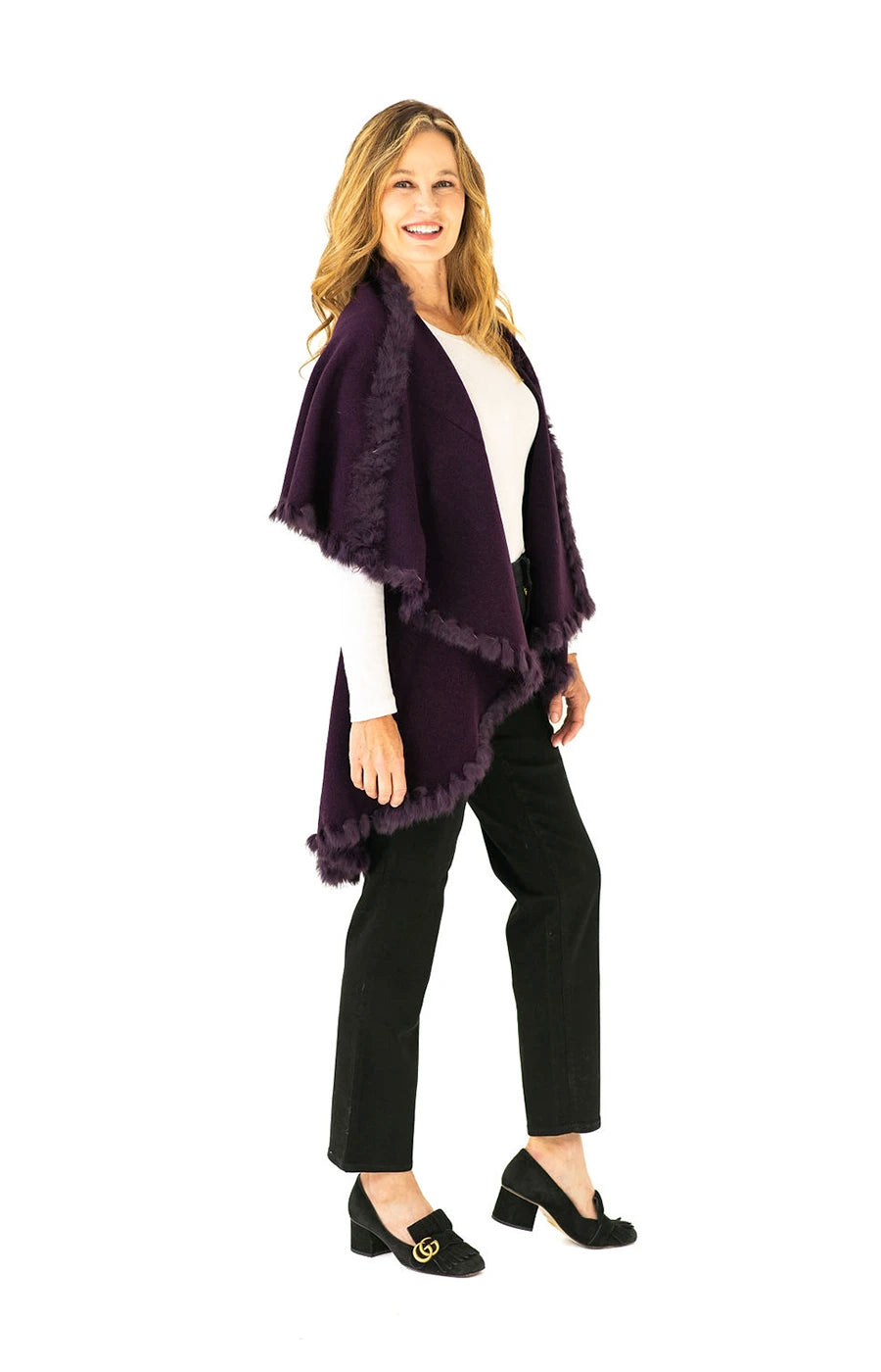 Shawl Sweater Vest in Plum with Fur Trim