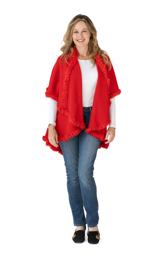 Shawl in Red with Fur Trim