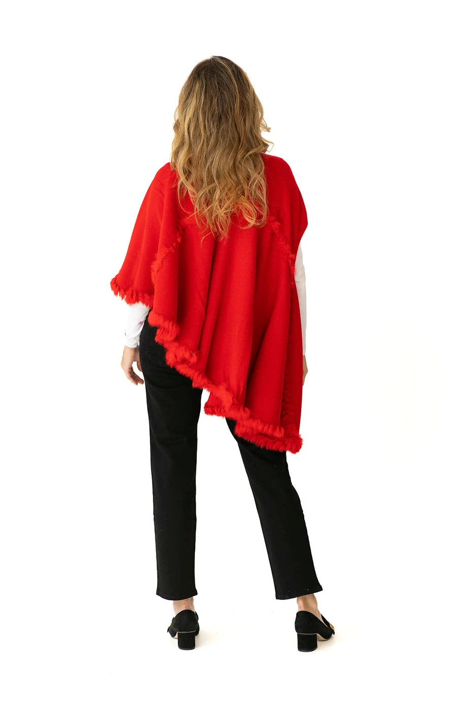 Shawl Sweater Vest in Red with Fur Trim