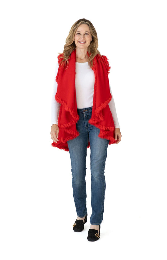 Shawl Sweater Vest in Red with Fur Trim