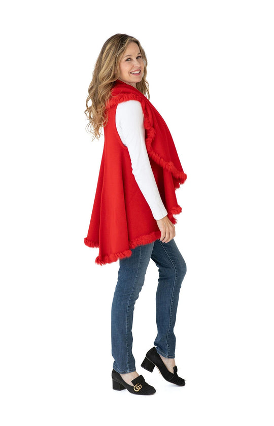 Shawl in Red with Fur Trim