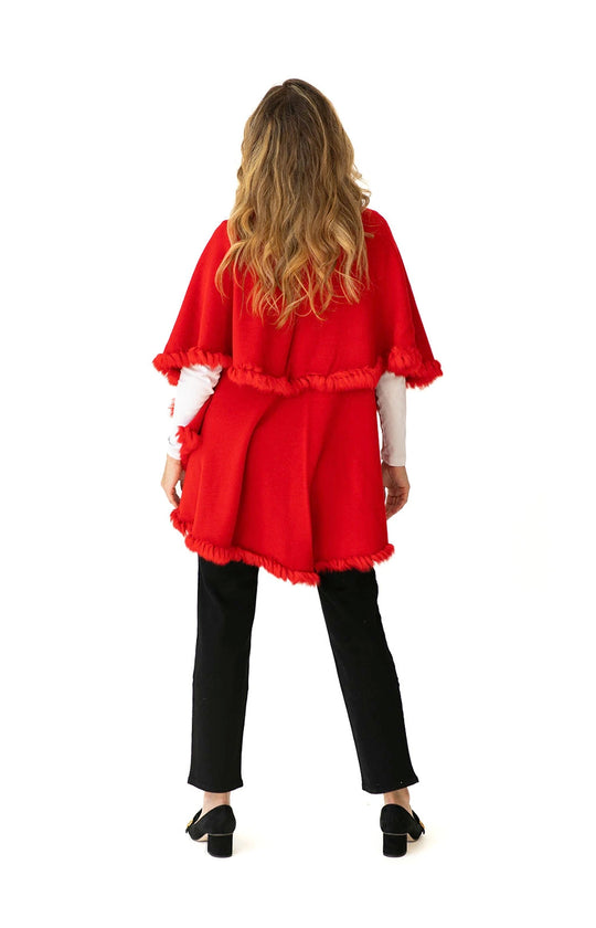 Shawl in Red with Fur Trim