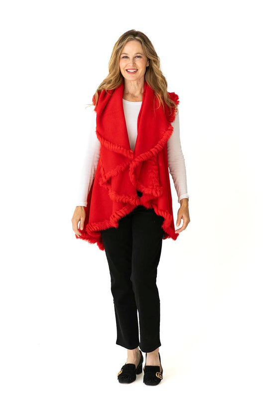 Shawl Sweater Vest in Red with Fur Trim