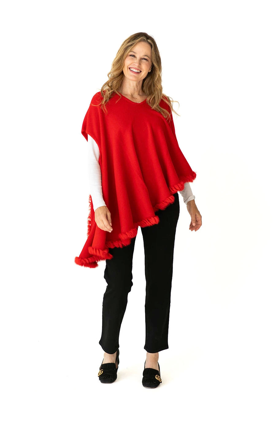 Shawl Sweater Vest in Red with Fur Trim