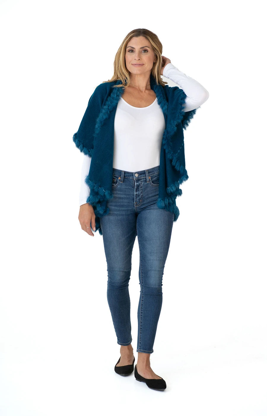 Shawl in Teal with Fur Trim