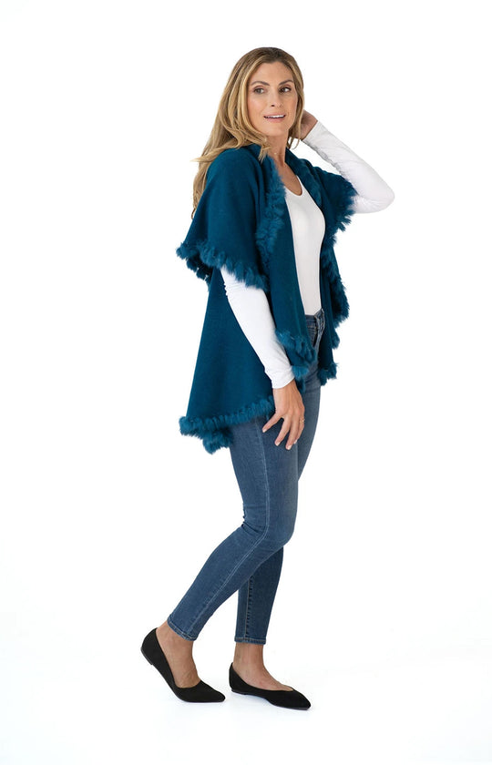 Shawl in Teal with Fur Trim
