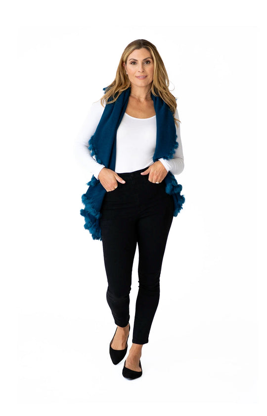 Shawl in Teal with Fur Trim