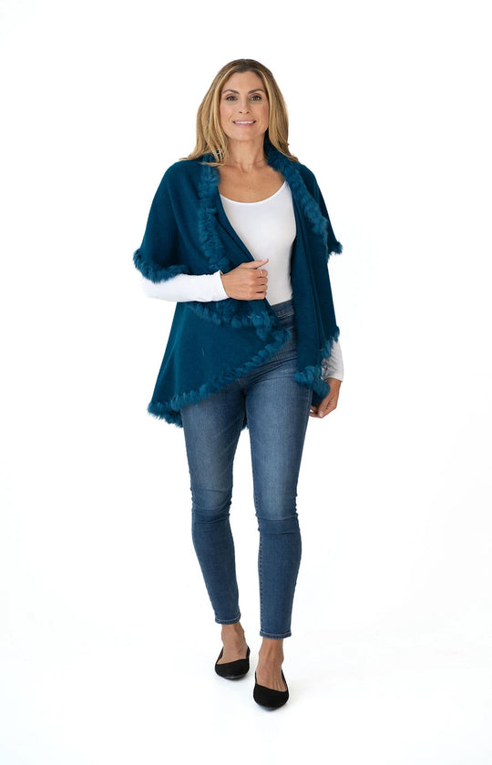Shawl in Teal with Fur Trim