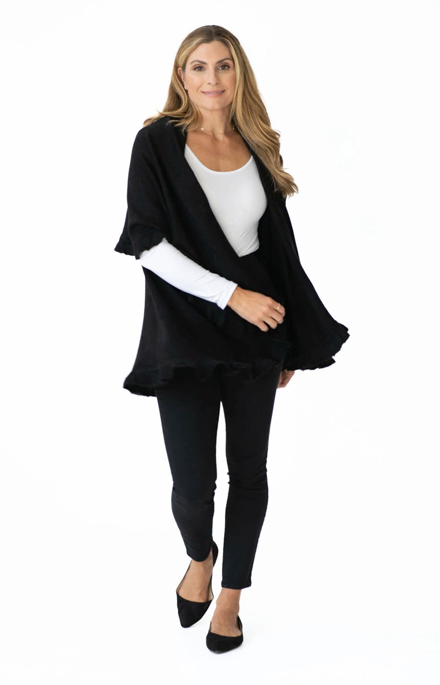 Shawl Sweater Vest in Black with Ruffle Trim