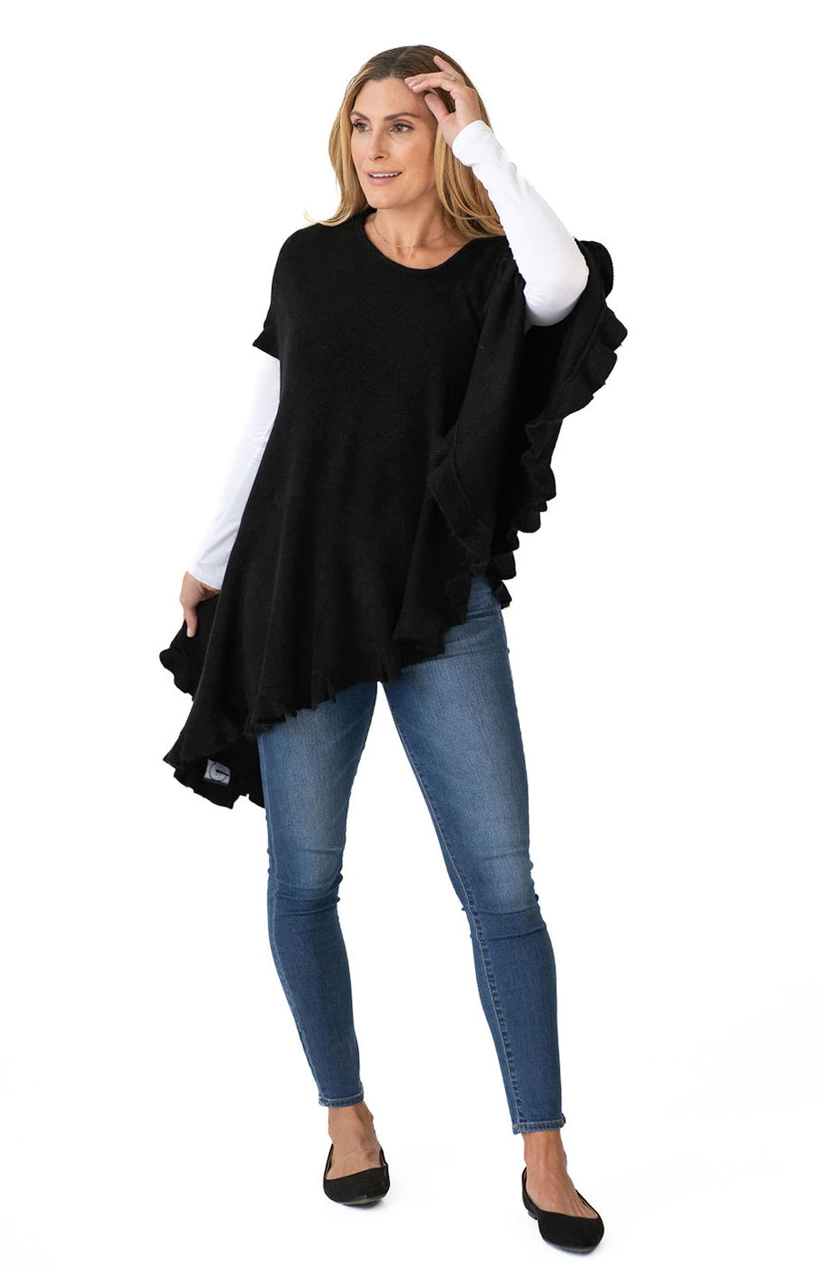 Shawl Sweater Vest in Black with Ruffle Trim