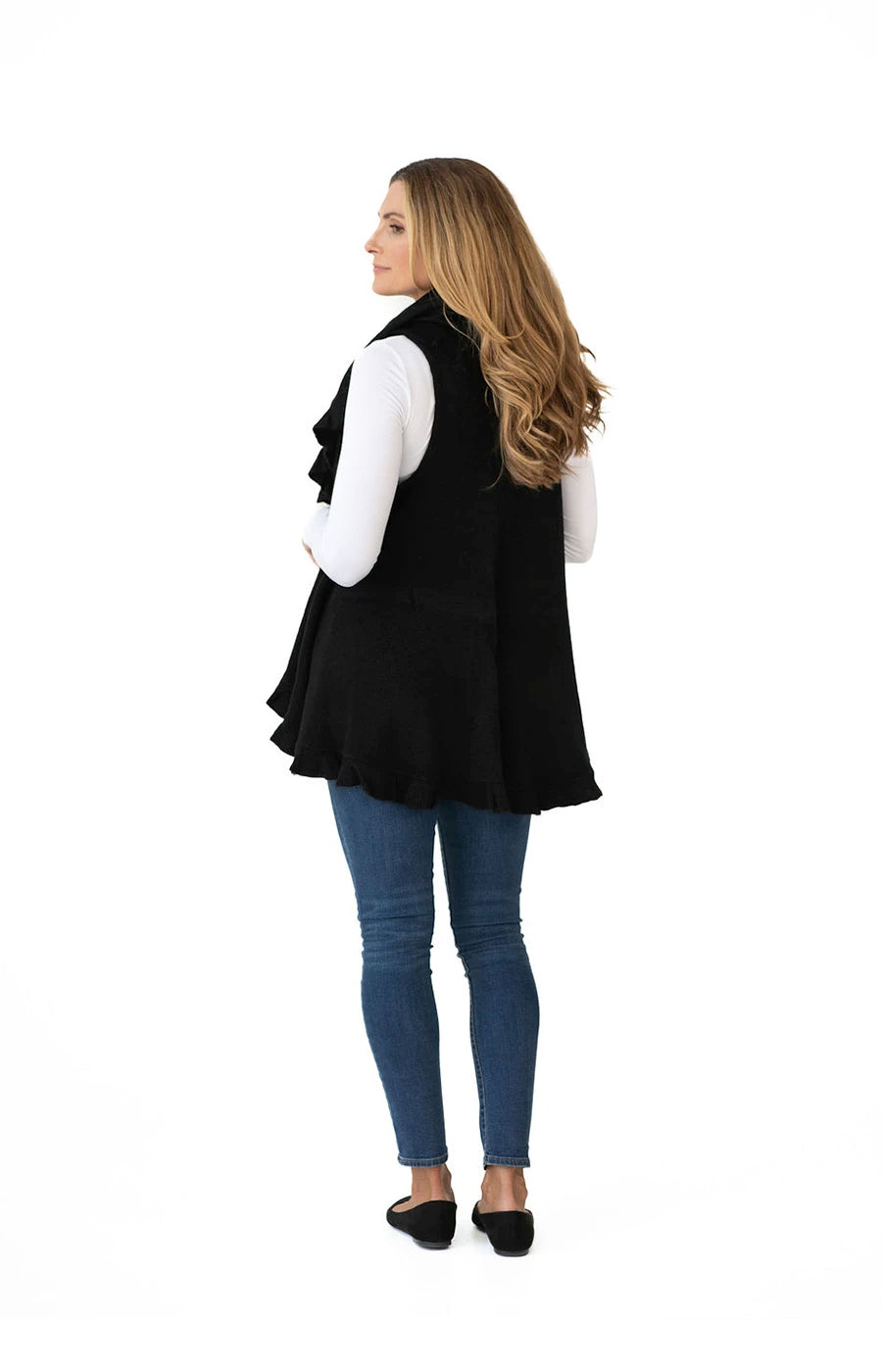 Shawl Sweater Vest in Black with Ruffle Trim