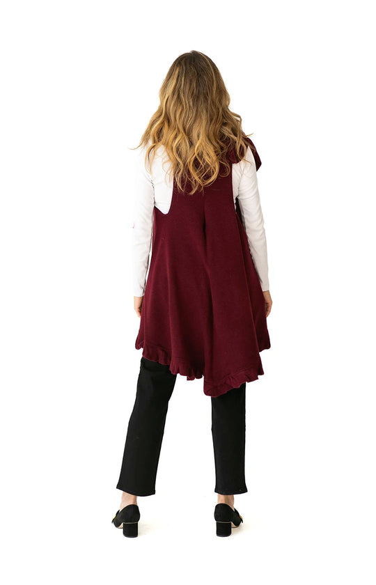 Shawl Sweater Vest in Burgundy with Ruffle Trim