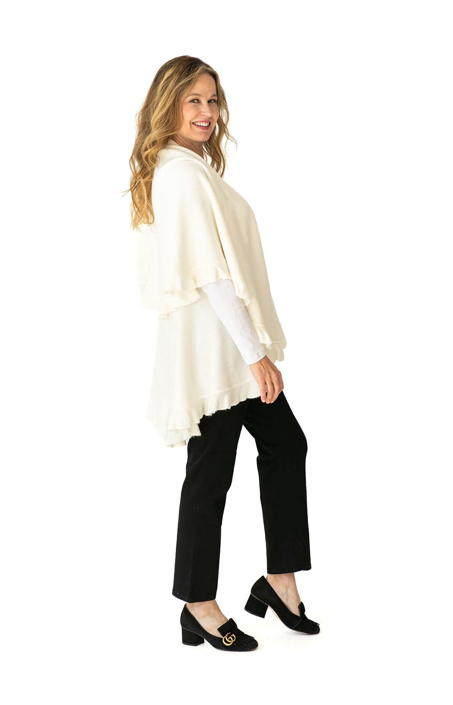 Shawl in Cream with Ruffle Trim