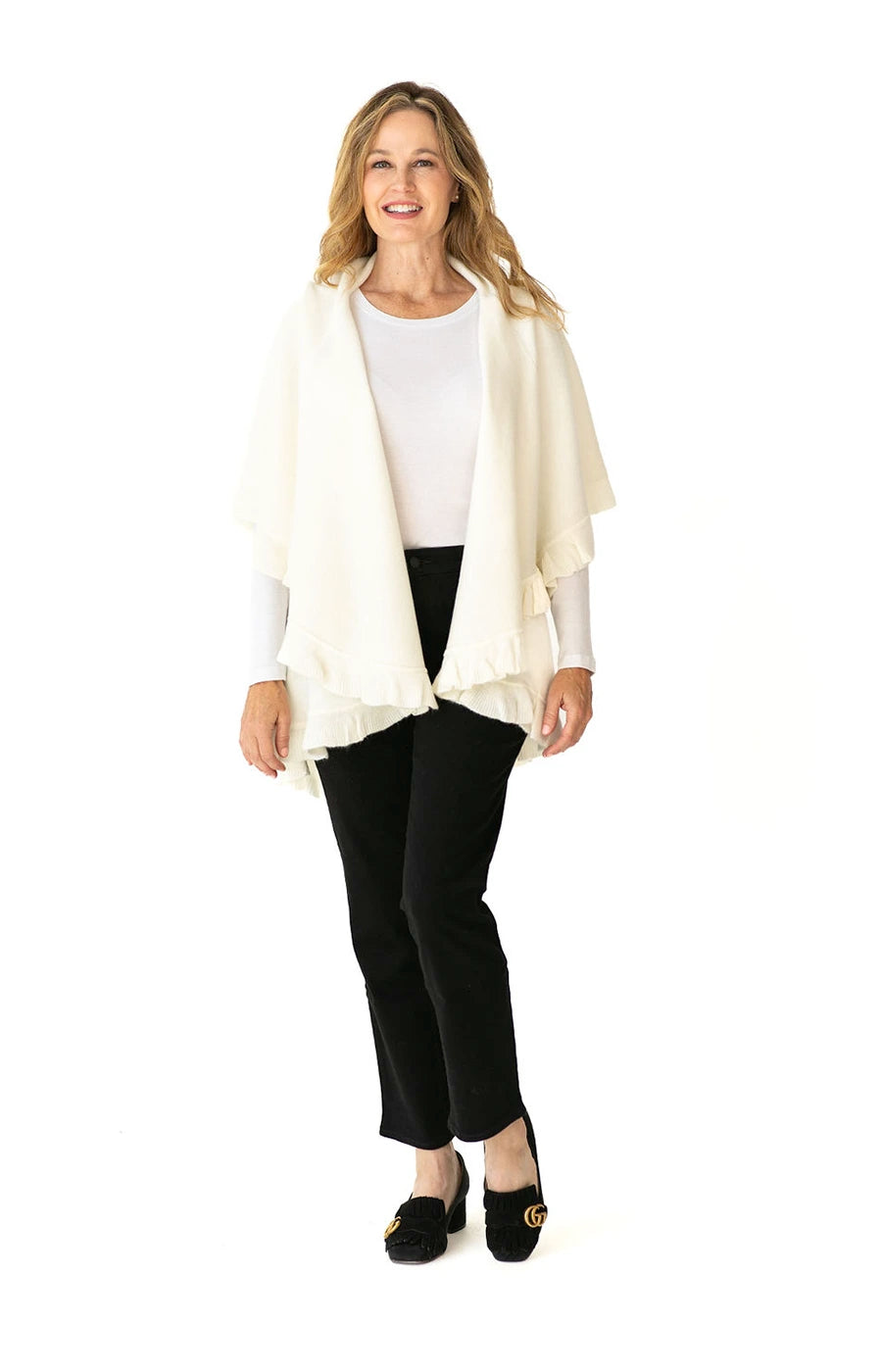 Shawl in Cream with Ruffle Trim