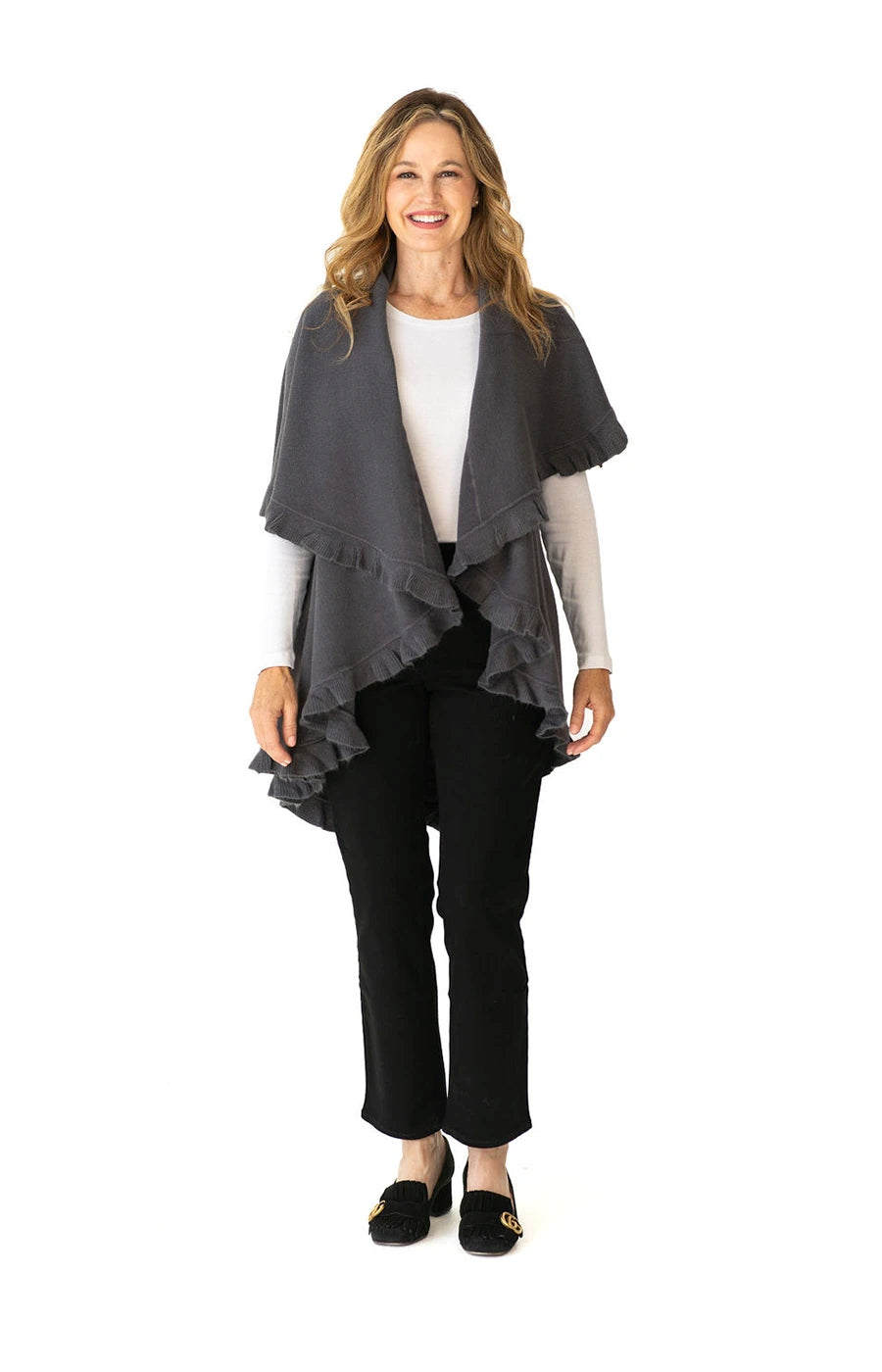 Shawl Sweater Vest in Grey with Ruffle Trim