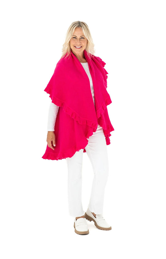 Shawl Sweater Vest in Hot Pink with Ruffle Trim