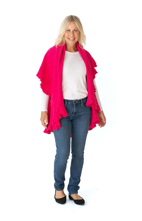 Shawl Sweater Vest in Hot Pink with Ruffle Trim