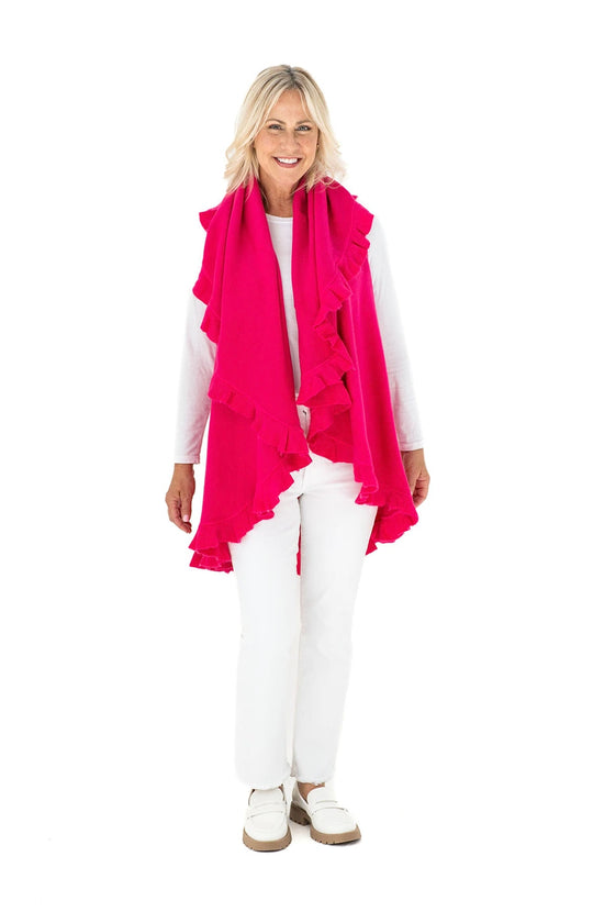 Shawl Sweater Vest in Hot Pink with Ruffle Trim