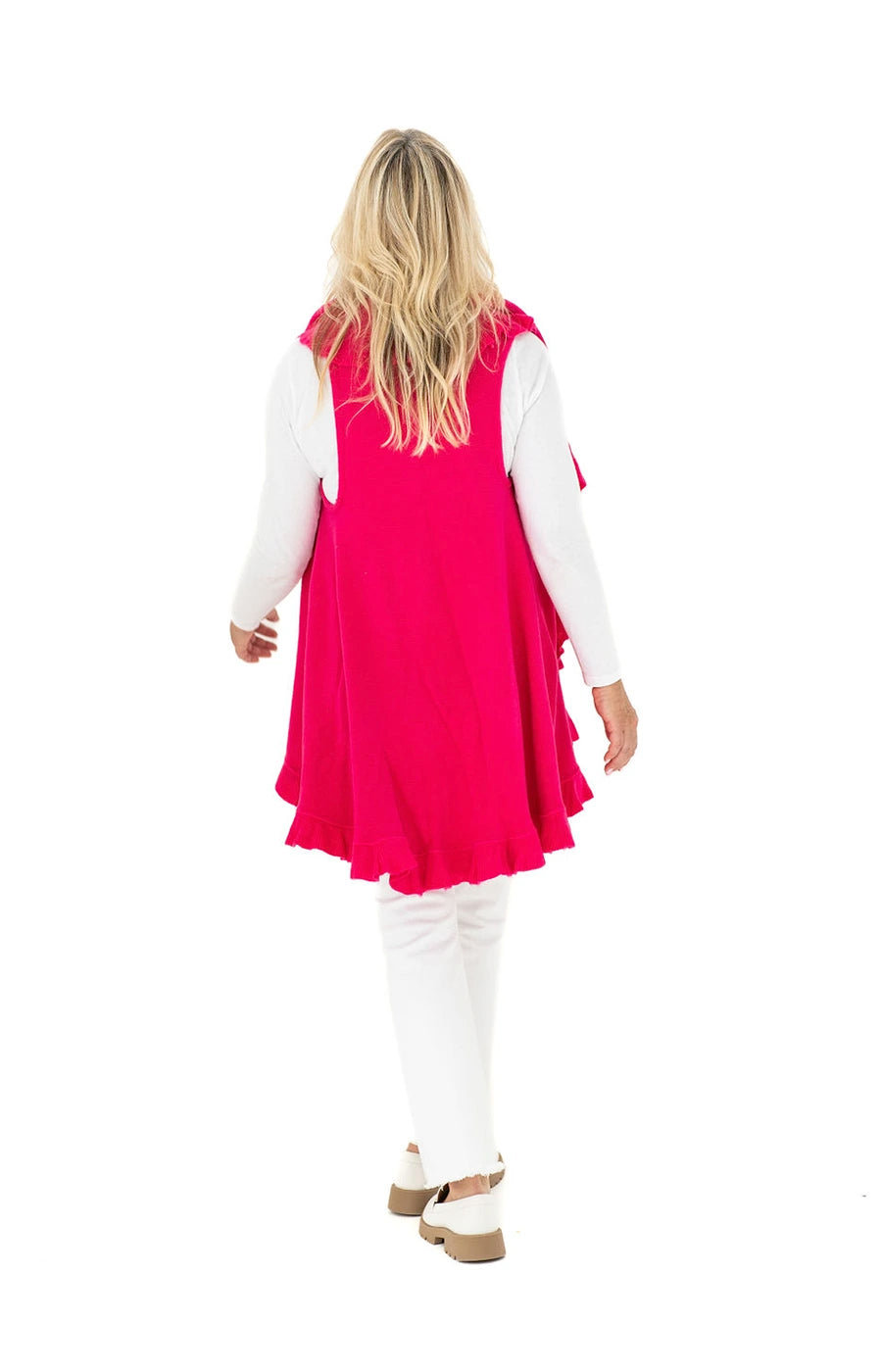 Shawl Sweater Vest in Hot Pink with Ruffle Trim