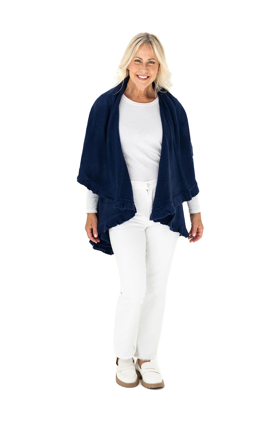 Shawl in Navy with Ruffle Trim
