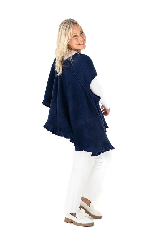 Shawl in Navy with Ruffle Trim
