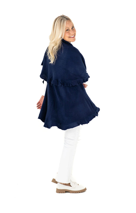 Shawl in Navy with Ruffle Trim