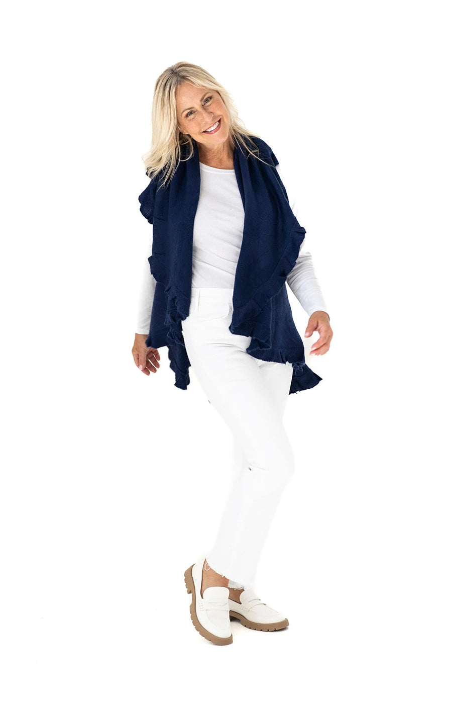 Shawl in Navy with Ruffle Trim