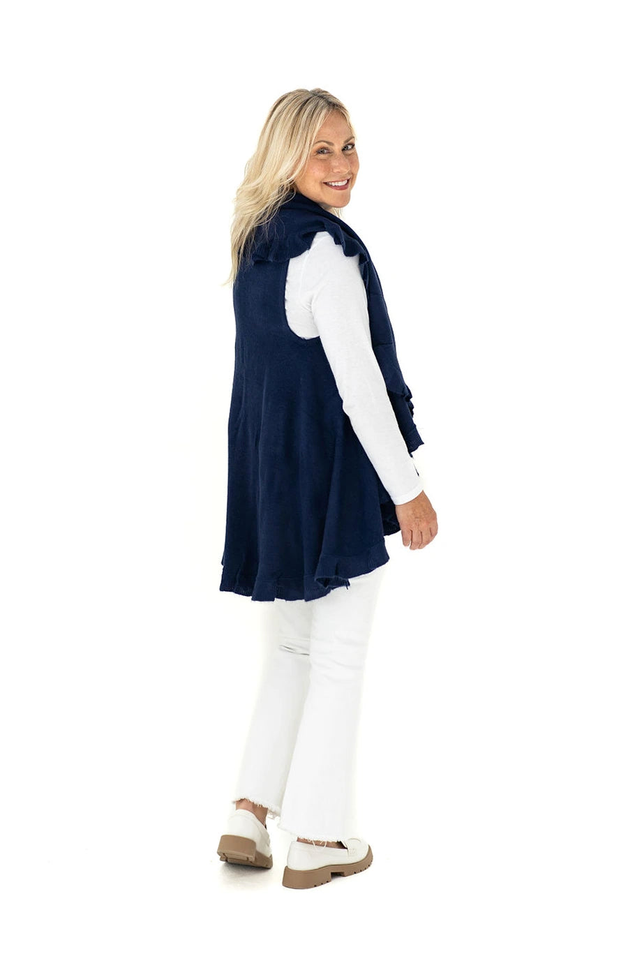 Shawl in Navy with Ruffle Trim