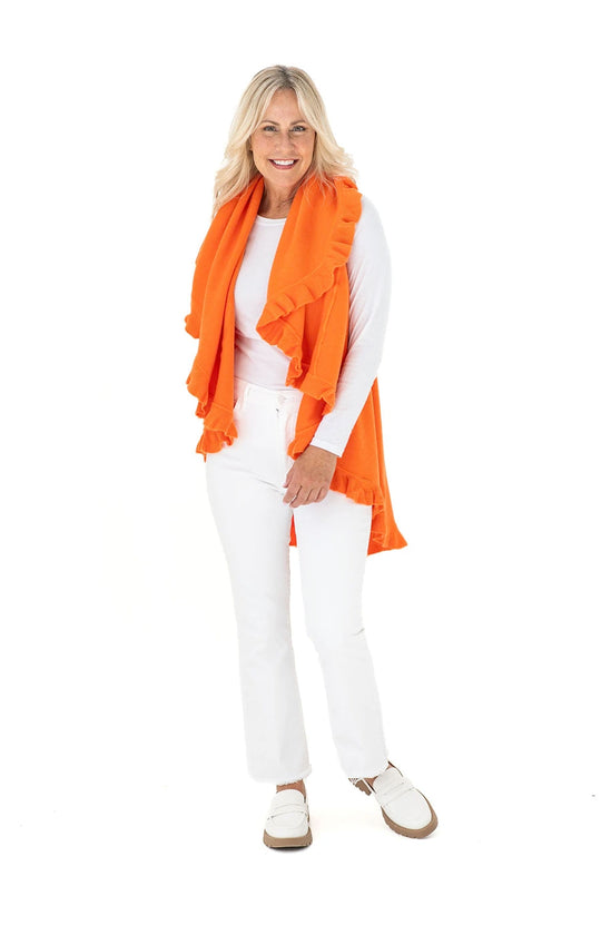 Shawl Sweater Vest in Orange with Ruffle Trim