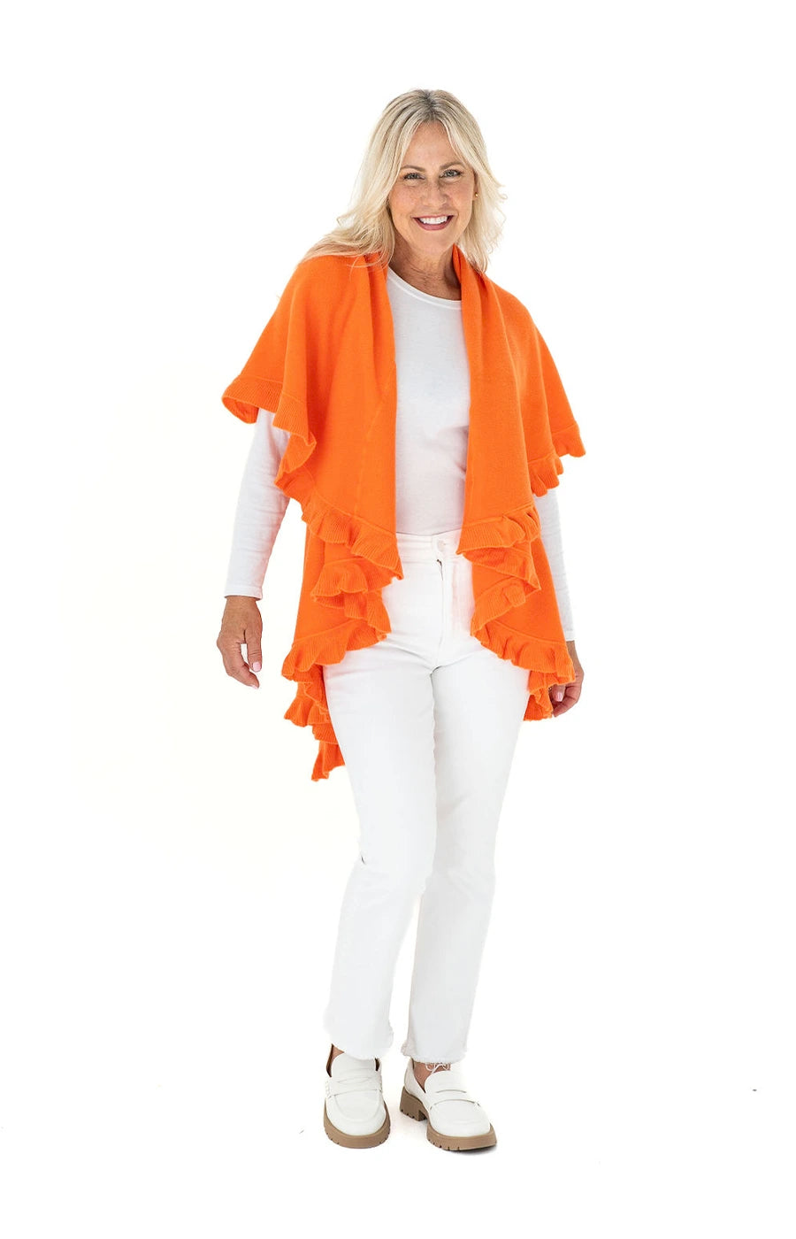 Shawl Sweater Vest in Orange with Ruffle Trim