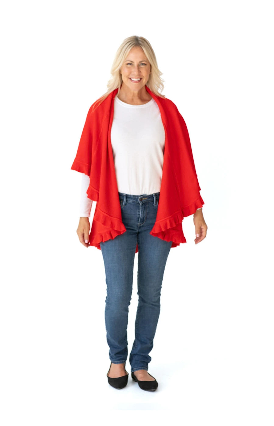 Shawl Sweater Vest in Holiday Red with Ruffle Trim Heidi Kagan