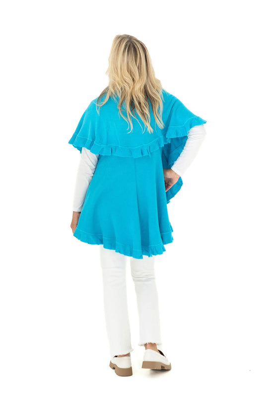 Shawl Sweater Vest in Turquoise with Ruffle Trim