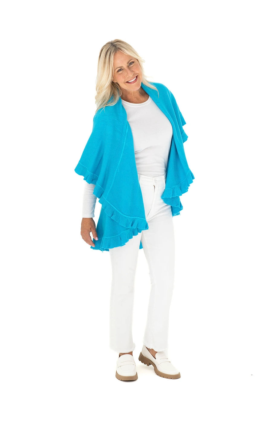 Shawl Sweater Vest in Turquoise with Ruffle Trim