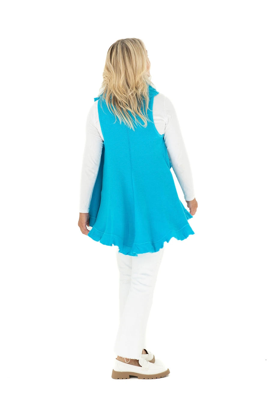 Shawl Sweater Vest in Turquoise with Ruffle Trim