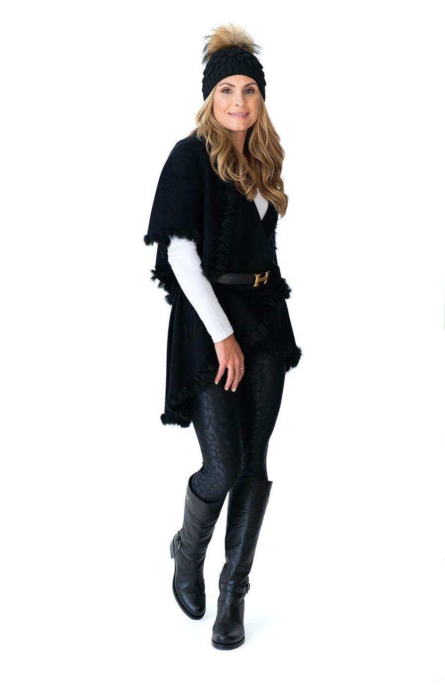 Shawl Sweater Vest in Black with Fur Trim