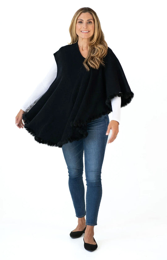 Shawl Sweater Vest in Black with Fur Trim