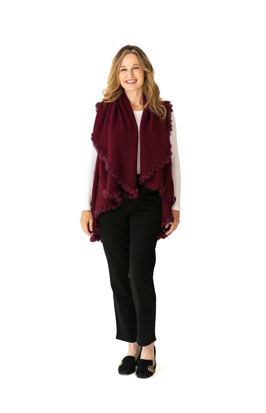 Shawl Sweater Vest in Burgundy with Fur Trim Heidi Kagan Designs