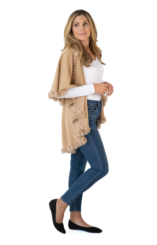 Shawl Sweater Vest in Camel with Fur Trim-Customer Favorite Shawls For Over 10 Years