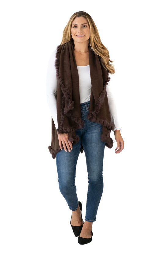 Shawl Sweater Vest in Chocolate Brown with Fur Trim