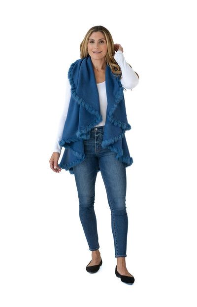 Shawl in Denim Blue with Fur Trim